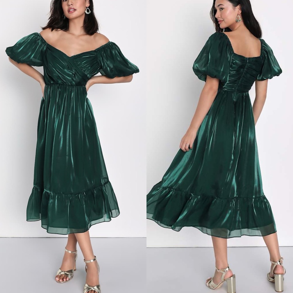Lulus | Remarkable Sensation Emerald Green Puff Sleeve Tiered Midi Dress